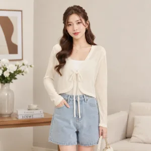 Áo khoác cardigan màu kem buộc dây eo