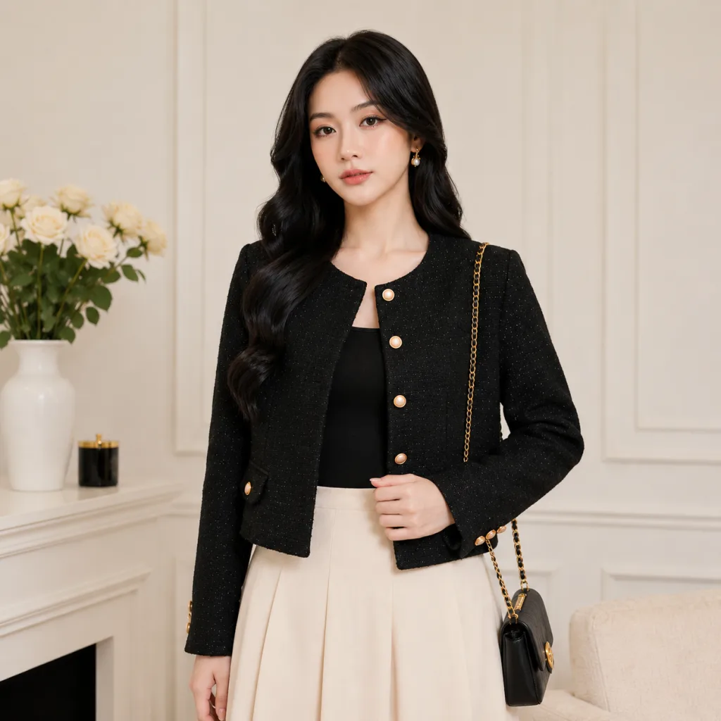 Áo khoác tweed nữ màu đen phối nút đồng