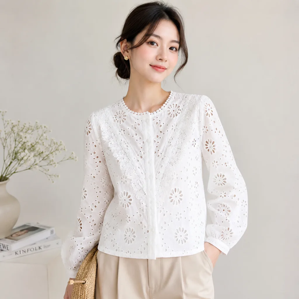 Áo kiểu nữ xô thêu màu trắng tay dài