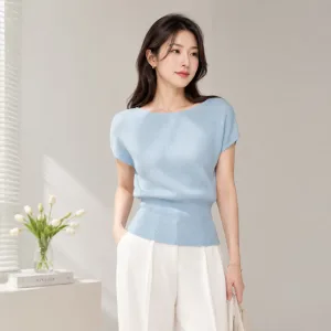 Áo len dệt kim bo eo màu xanh