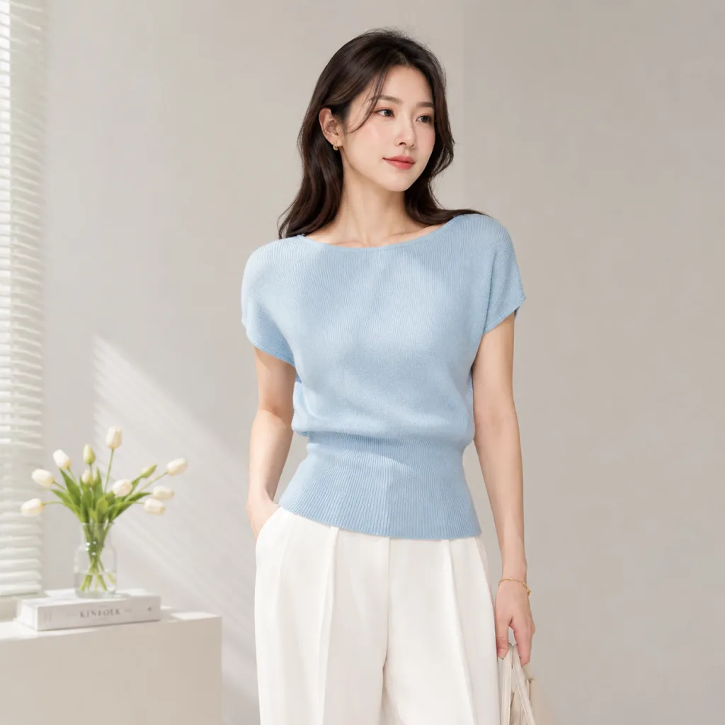 Áo len dệt kim bo eo màu xanh