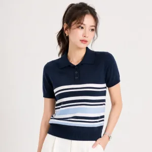 Áo len dệt kim xanh đen phối sọc cổ polo