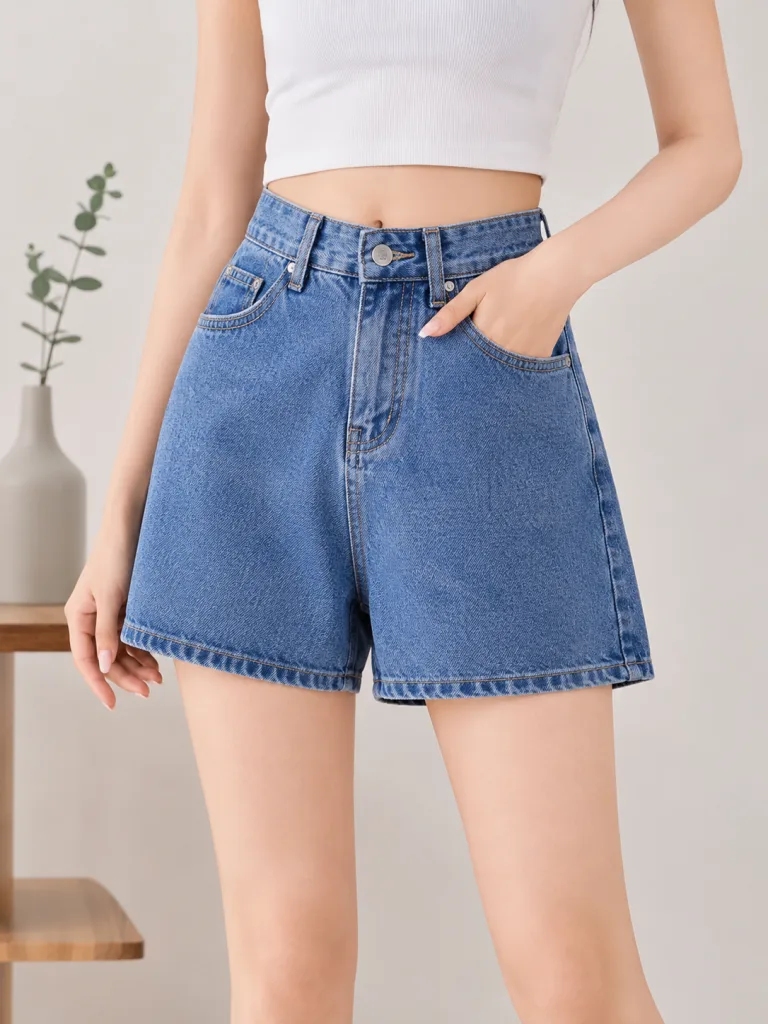 Quần short jeans nữ lưng cao màu xanh